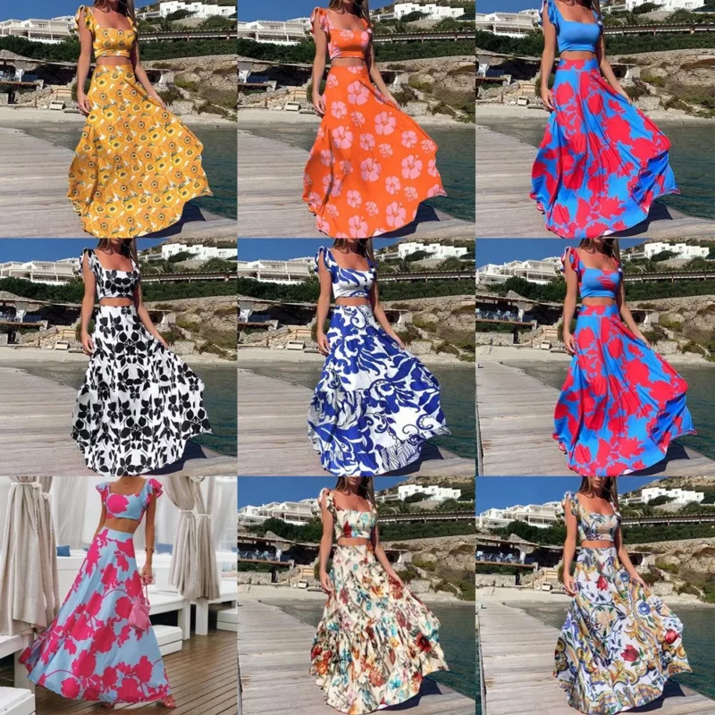 Bohemian Style Print Skirt Two Piece Set Women Sexy Cropped Top High Waist A-line Skirts 2 Piece Sets Casual Vacation Lady Suits - Image 6