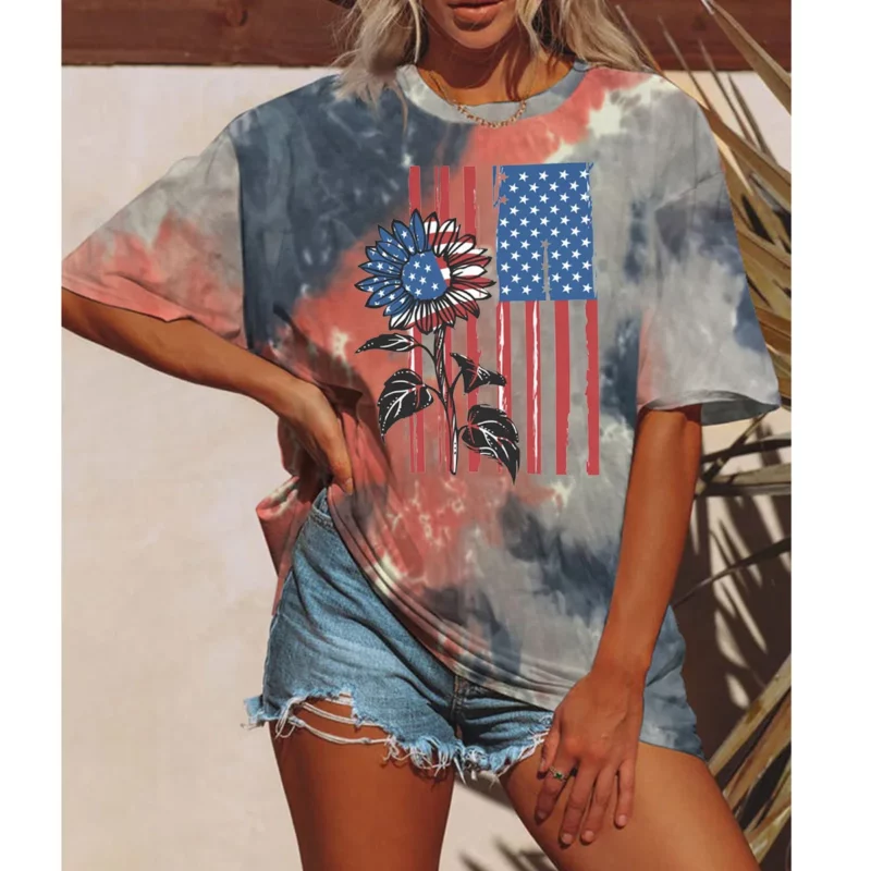 Summer Women Tie Dyeing Floral T-shirt Fashion American Flag Tops Tees Female Vintage Short Sleeve Clothing Stylish Streetwear - Image 2