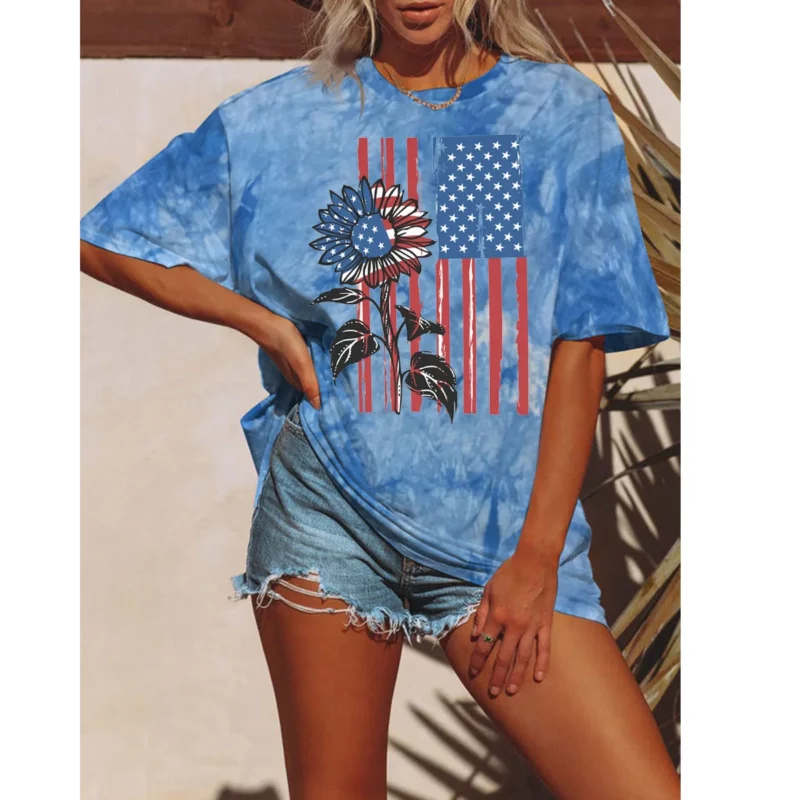 Summer Women Tie Dyeing Floral T-shirt Fashion American Flag Tops Tees Female Vintage Short Sleeve Clothing Stylish Streetwear
