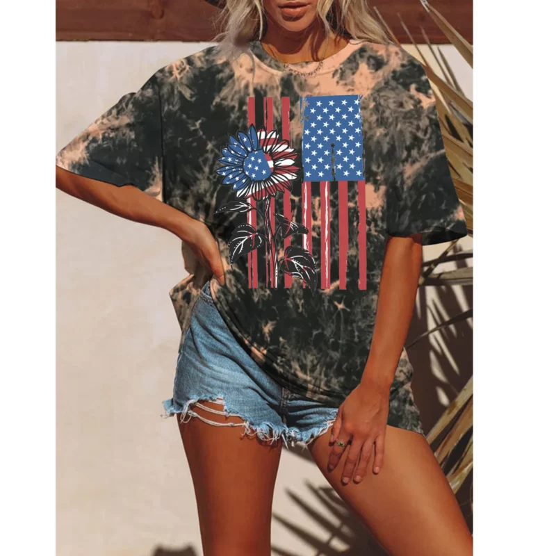 Summer Women Tie Dyeing Floral T-shirt Fashion American Flag Tops Tees Female Vintage Short Sleeve Clothing Stylish Streetwear - Image 3