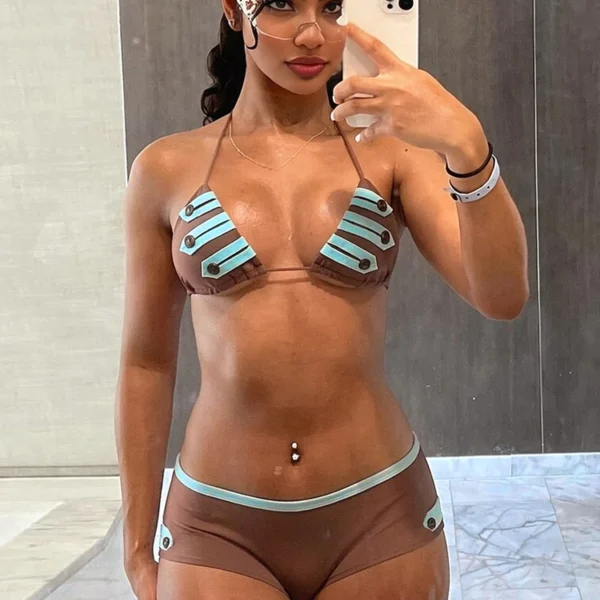 Kliou Metal Button 2 Piece Set Woman Lace-Up Halter Backless Bra Top+Elastic Waist Shorts Vacation Beach Party Style Bikini Suit