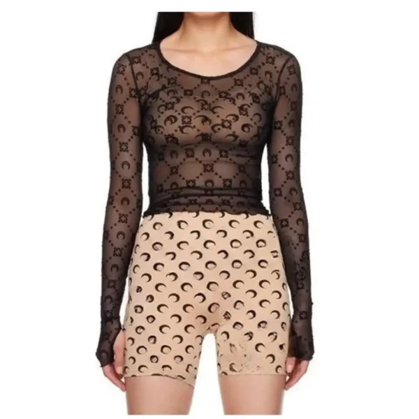 Women Tshirt Long Sleeve Korean Sexy Sweet Spicy Top Hollow Out Mesh Plush Moon Print Street Shorts Mushroom Edge Tight Fit