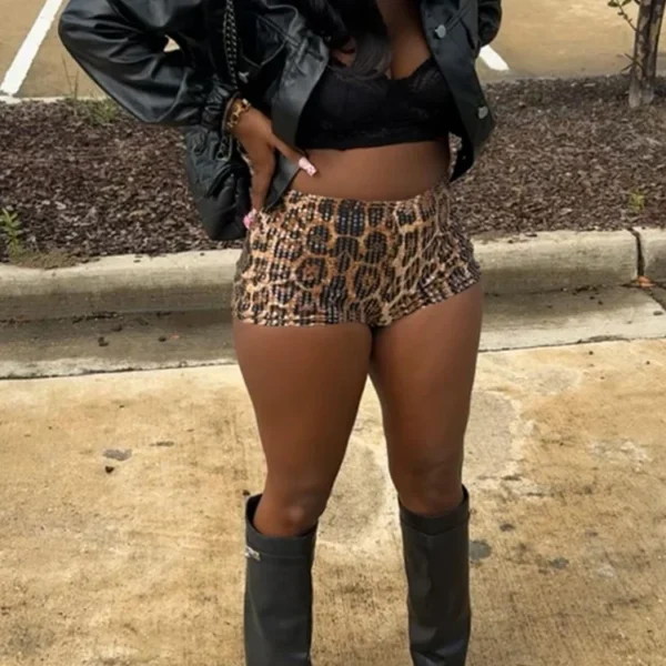 Sisterlinda Popular Women Shorts Fashion Leopard Print High Waist Skinny Mini Bottoms Shiny Sequins Female Attractive Streetwear